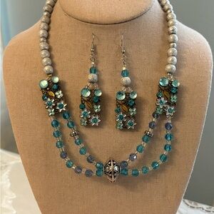 Handcrafted Upcycled Floral Beaded Necklace and Earring Set